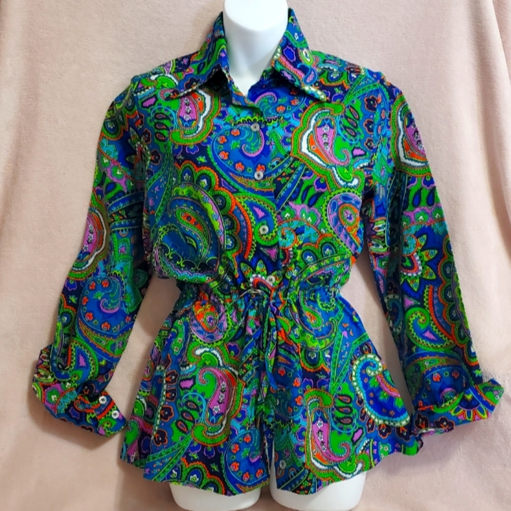 Vintage 70s Paisley Poly Cinch-Waist Top Jacket Sz M, Sz 8, Like NEW.